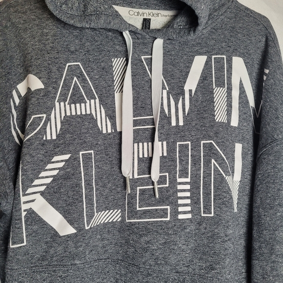 Calvin Klein Performance Gray Cropped Hooded Pullover Sweatshirt Size L Big Logo - Picture 4 of 9